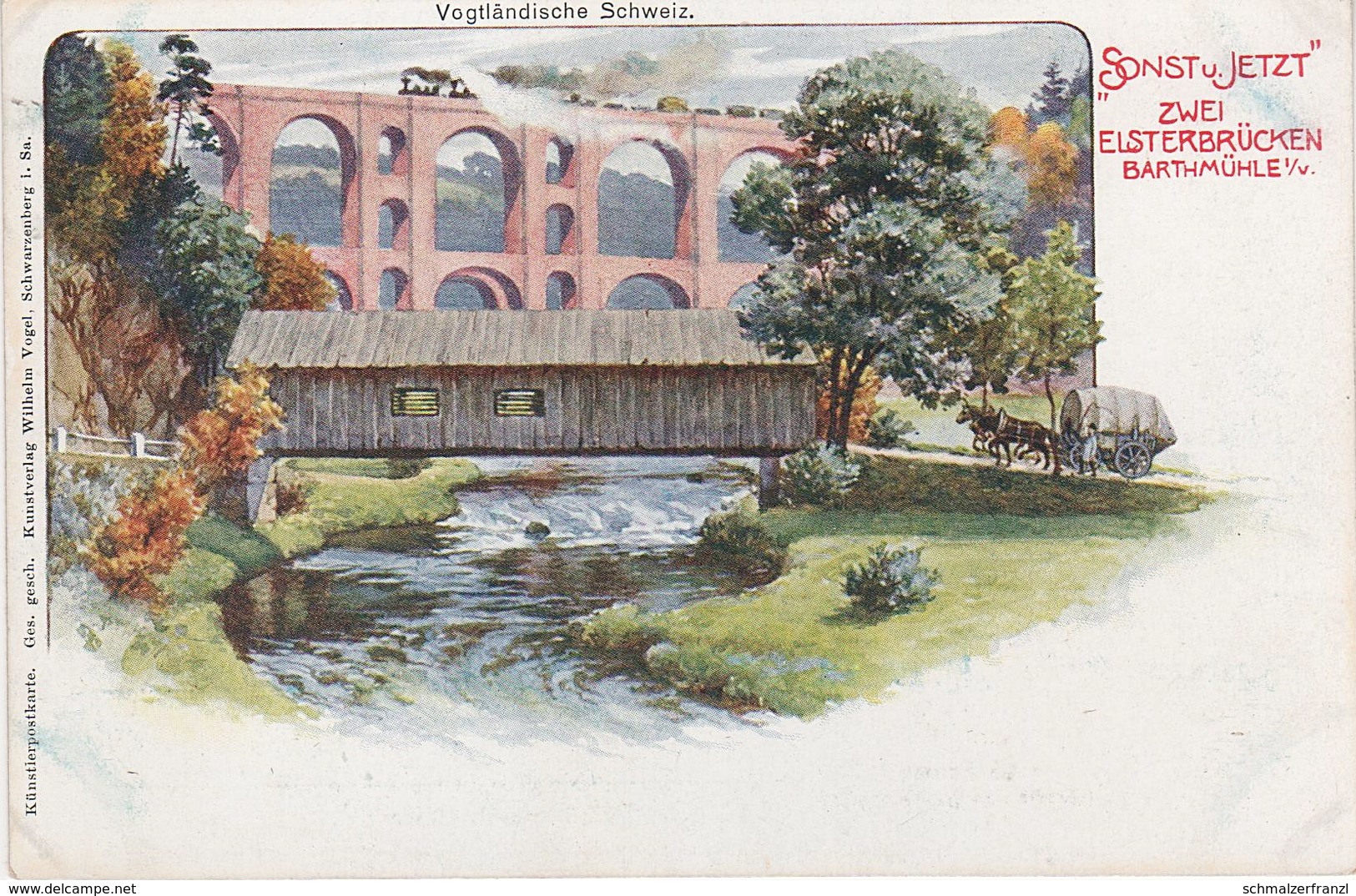 Litho AK Elstertalbrücke Sonst Jetzt Eisenbahn Barthmühle Pöhl Jocketa Trieb Liebau Steinsdorf Jössnitz Röttis Vogtland - Poehl