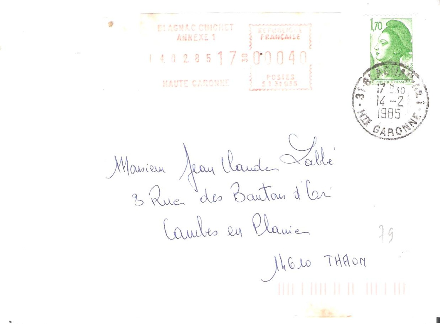 1.70 Liberté Oblitéré BLAGNAC AN.1 (Haute Garonne) + étiquette De Guichet - 1961-....