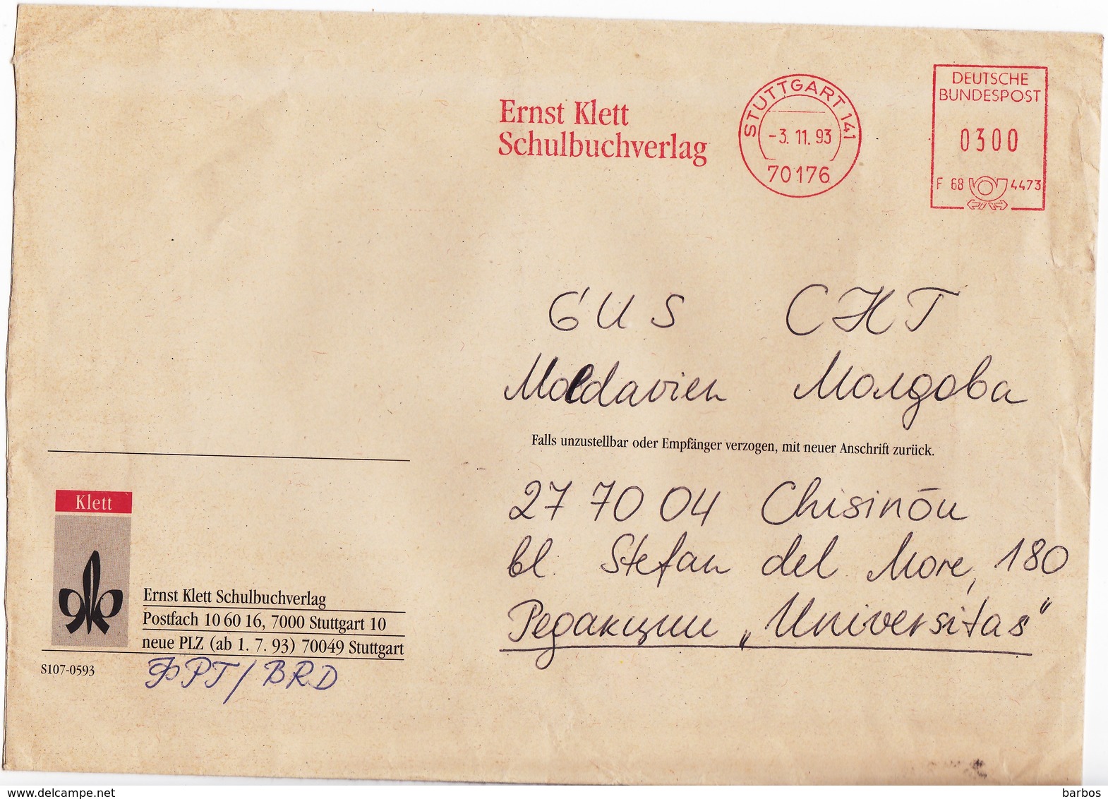 1993 , Allemagne , Germany  To Moldova , Used Cover - Covers & Documents