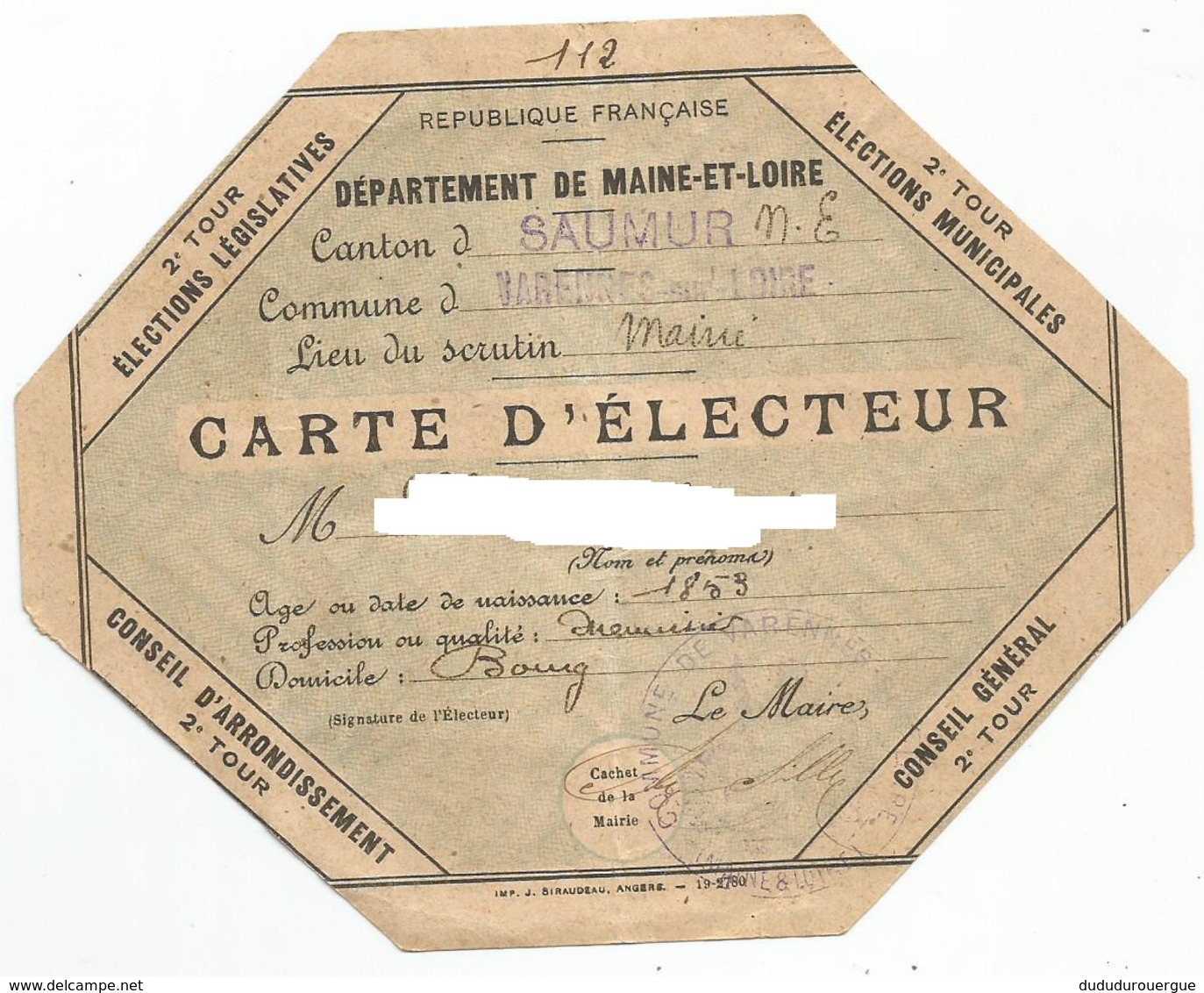 CANTON DE SAUMUR , VARENNES SUR LOIRE : UNE CARTE D ELECTEUR DU XIX° SIECLE - Documents Historiques