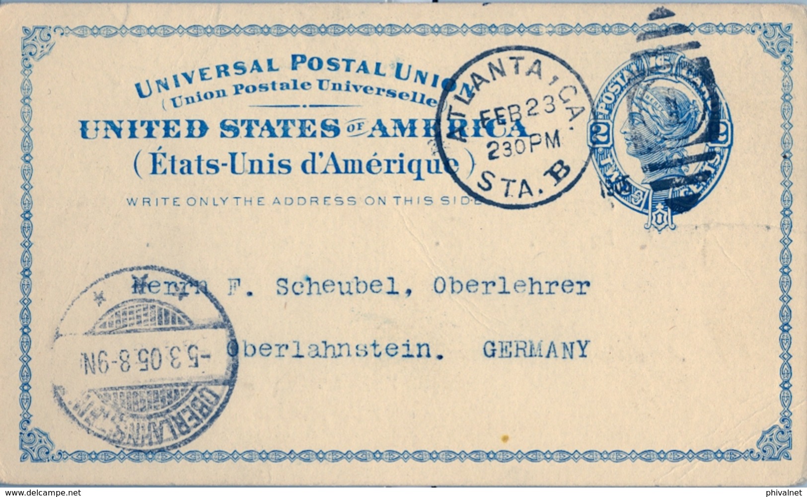 1905 , ESTADOS UNIDOS , ENTERO POSTAL CIRCULADO , ATLANTA - OBERLAHNSTEIN , LLEGADA - 1901-20