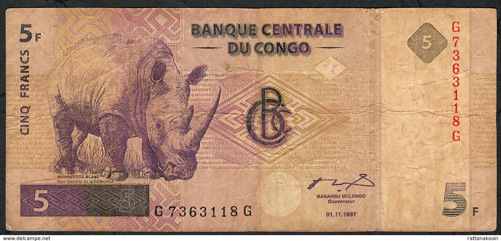 CONGO D.R. P86A 5 FRANCS 1997 HdM    #G--G   FINE NO P.h. - République Démocratique Du Congo & Zaïre