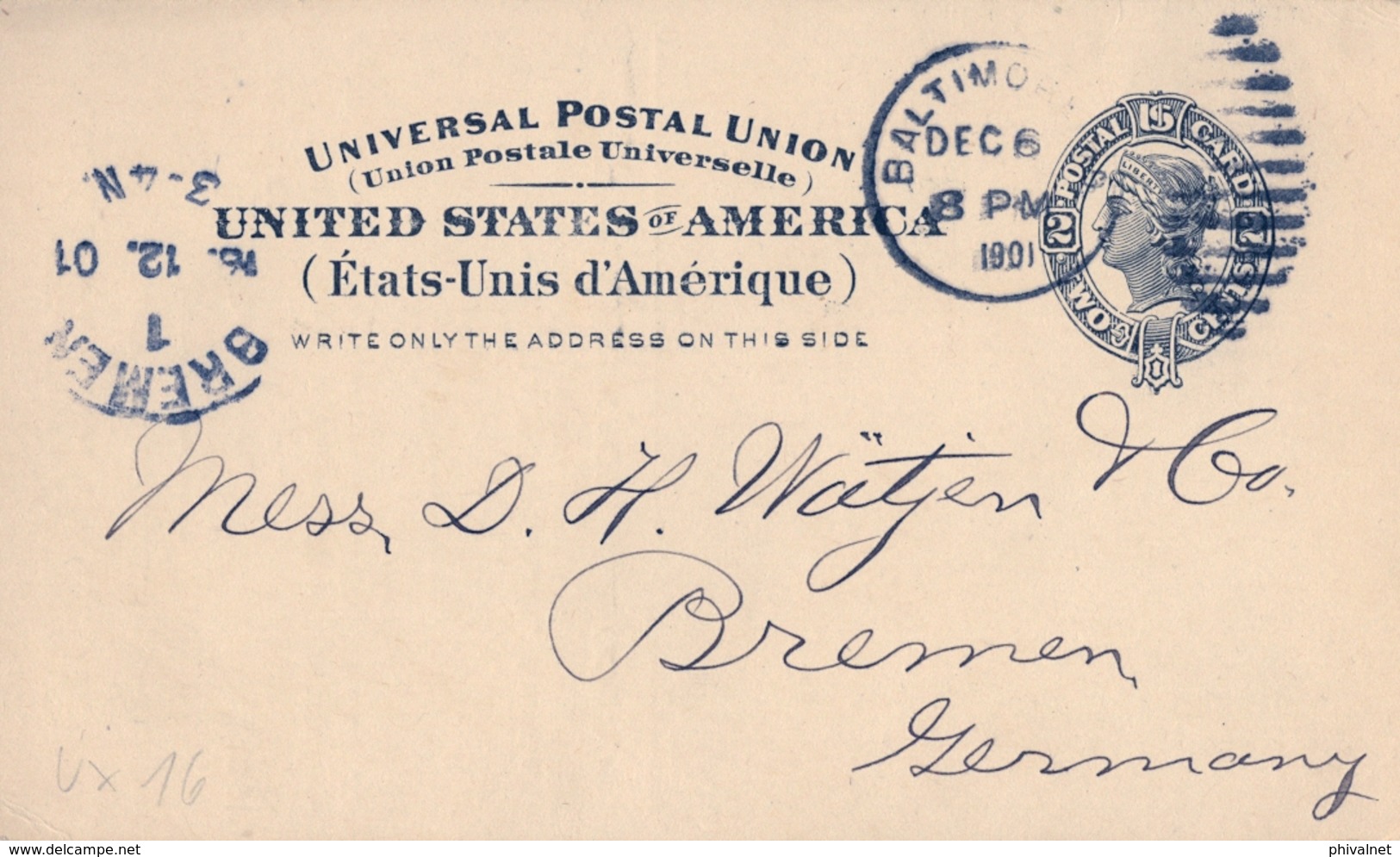 1901 , ESTADOS UNIDOS , ENTERO POSTAL CIRCULADO , BALTIMORE - BREMEN , LLEGADA - 1901-20