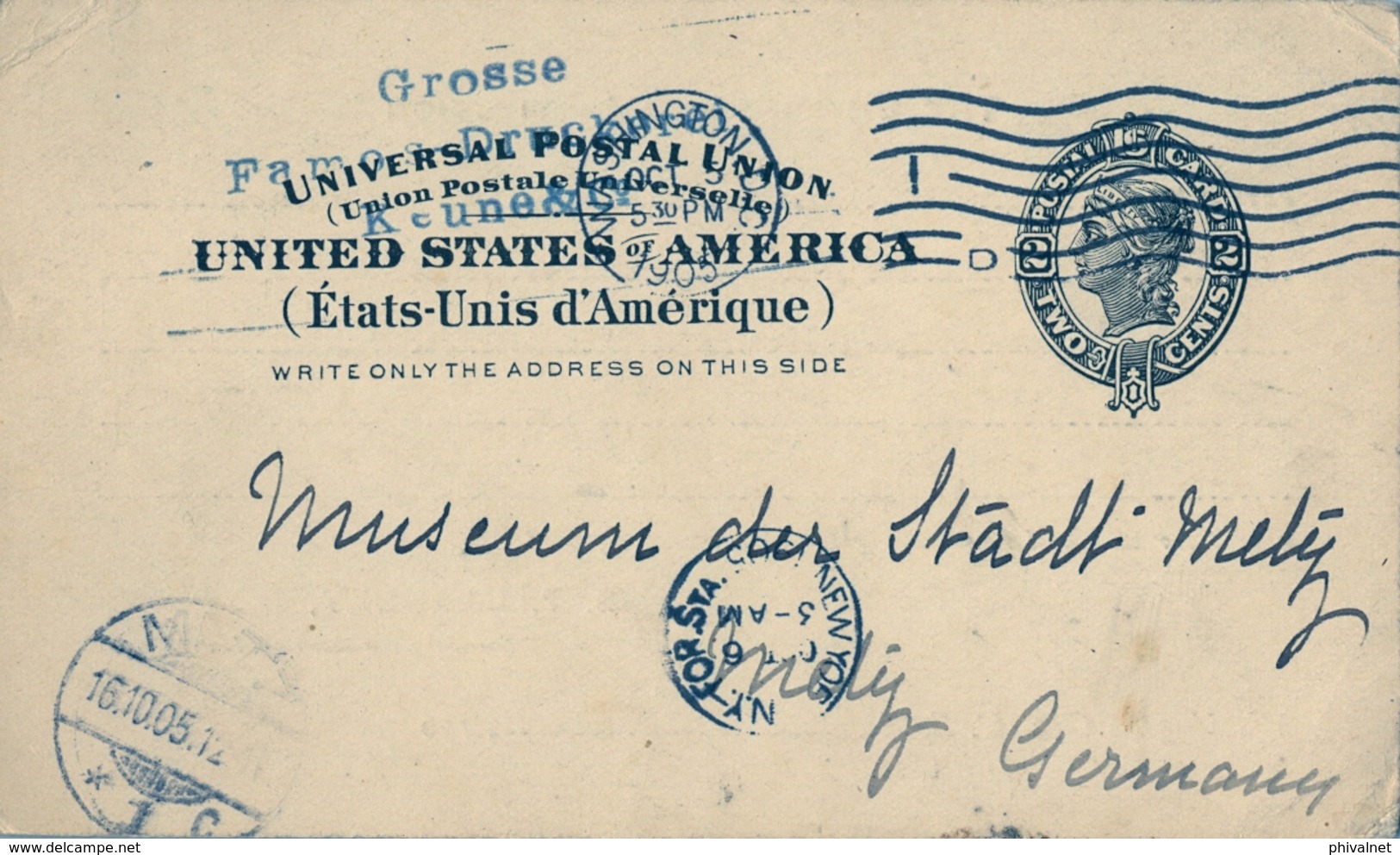 1905 , ESTADOS UNIDOS , ENTERO POSTAL CIRCULADO , WASHINGTON - METZ , TRÁNSITO DE NEW YORK , LLEGADA - 1901-20