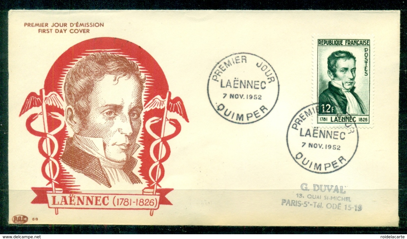 FDC "Edition PAC " FRANCE-1952 # Laennec , PJ Quimper    (N°Yvert 936 )  - Cote 14,,00 Euros - 1950-1959