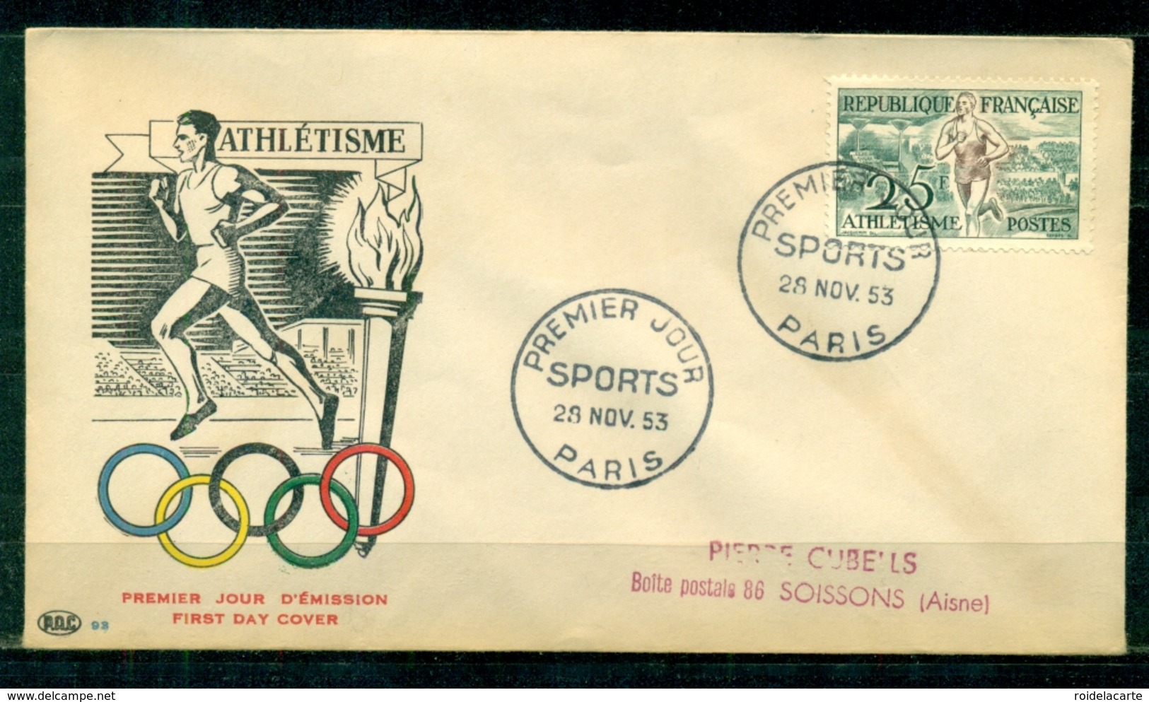 FDC "Edition  PAC " FRANCE-1953 # Sport - JO D' Helsinki - Athlétisme  - PJ Paris  (N°Yvert 961  )  Cote Yvert  17,00 € - 1950-1959