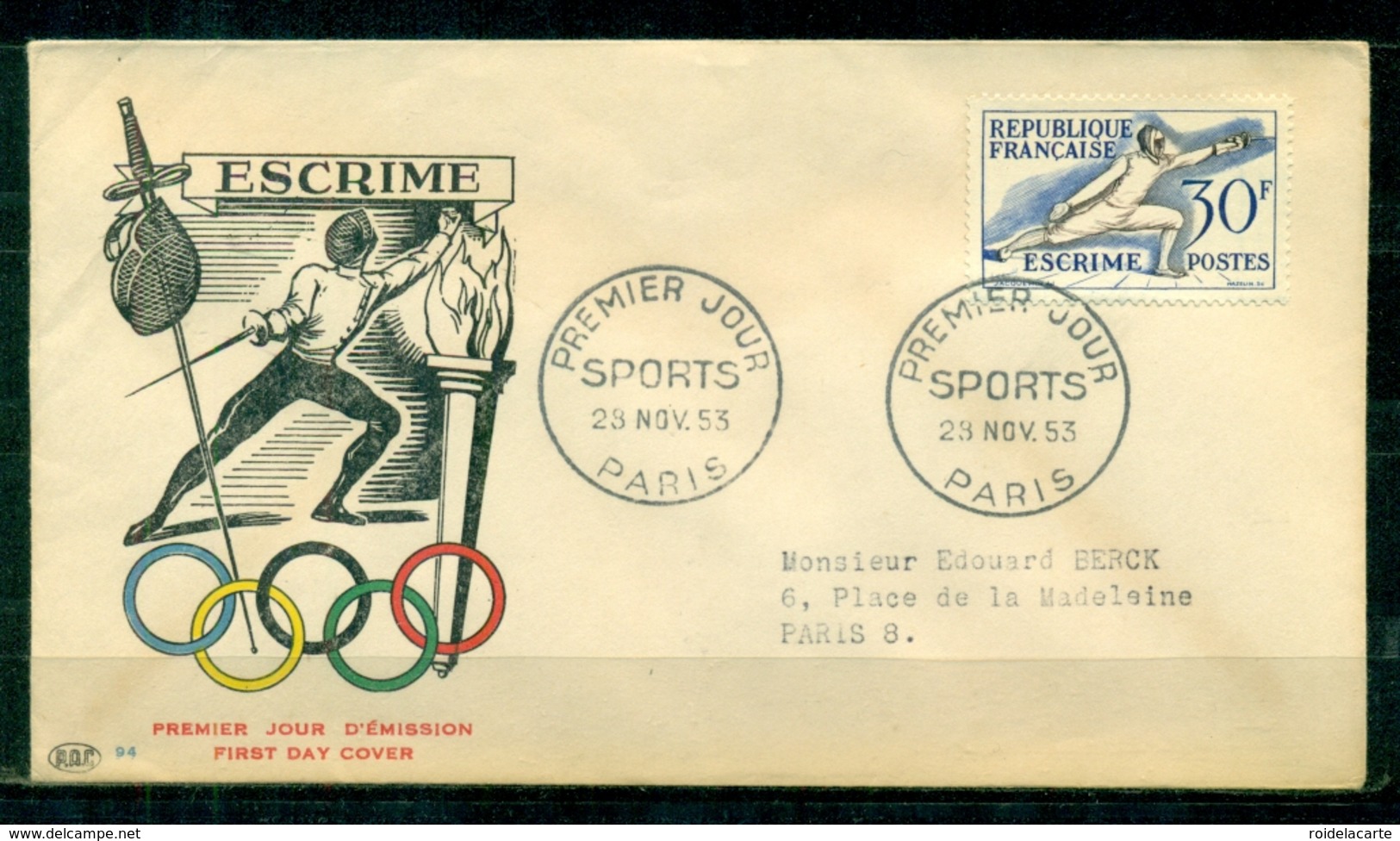 FDC "Edition  PAC " FRANCE-1953 # Sport - JO D' Helsinki - Escrime   - PJ Paris  (N°Yvert 962  )  Cote Yvert  20,00 € - 1950-1959