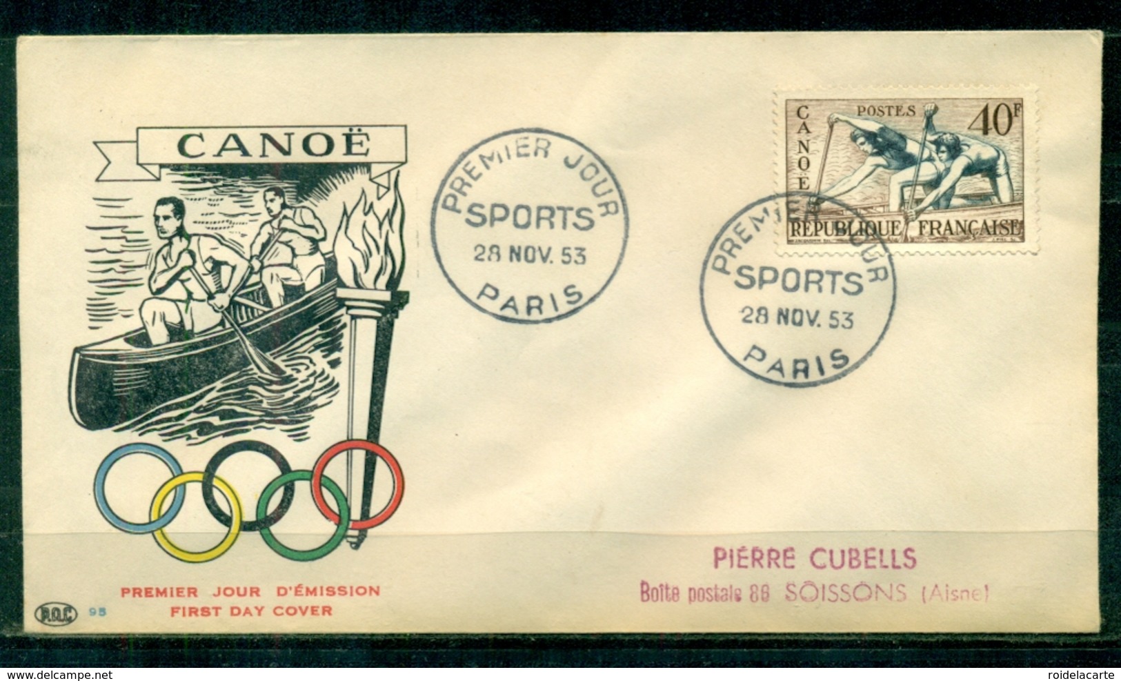 FDC "Edition  PAC " FRANCE-1953 # Sport - JO D' Helsinki - Canoé   - PJ Paris  (N°Yvert 963 )  Cote Yvert  20,00 € - 1950-1959