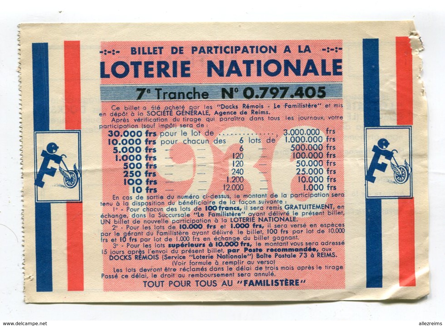 Billet Loterie Nationale : Familistère à Reims 1936     VOIR  DESCRIPTIF   §§§§§ - Billets De Loterie