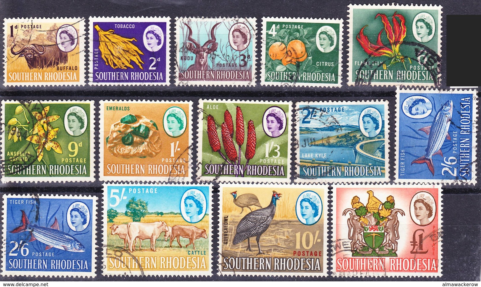 Southern Rhodesia 1964 QE II Defs., Mi 94 (1/2p) Missing, Otherwise Incl. High Nominals Compl. Mi 95-107, Used O - Southern Rhodesia (...-1964)