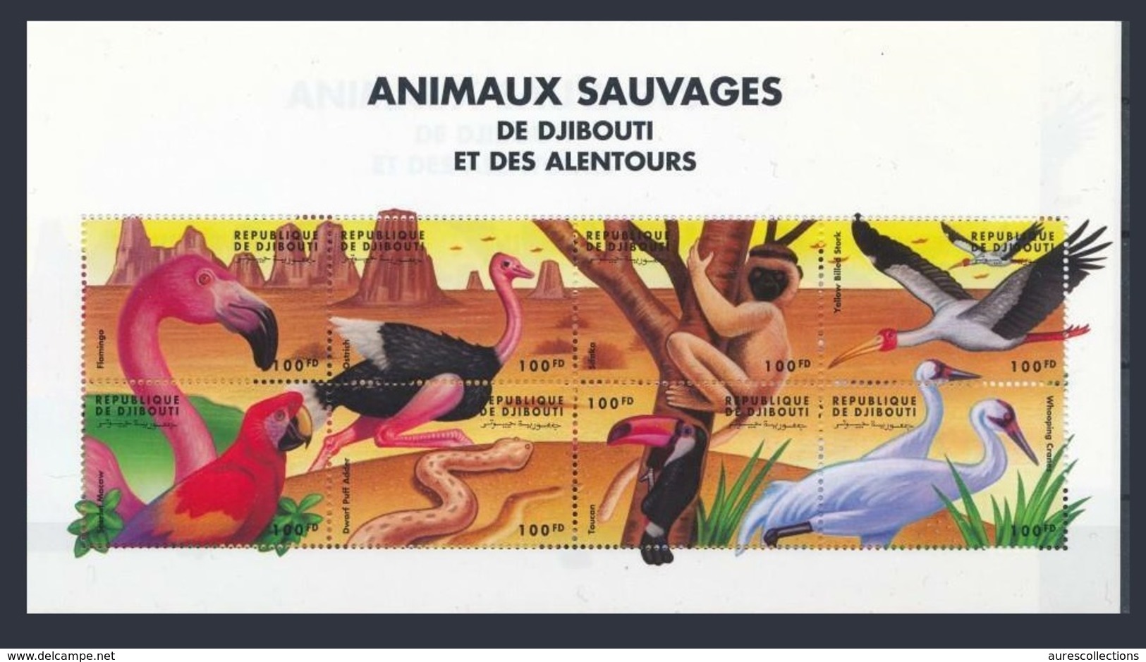 DJIBOUTI 2000 SHEET WILD ANIMALS ANIMAUX SAUVAGES APES MONKEYS BIRDS PARROTS PERROQUETS SNAKES REPTILES AUTRUCHE MNH - Straussen- Und Laufvögel