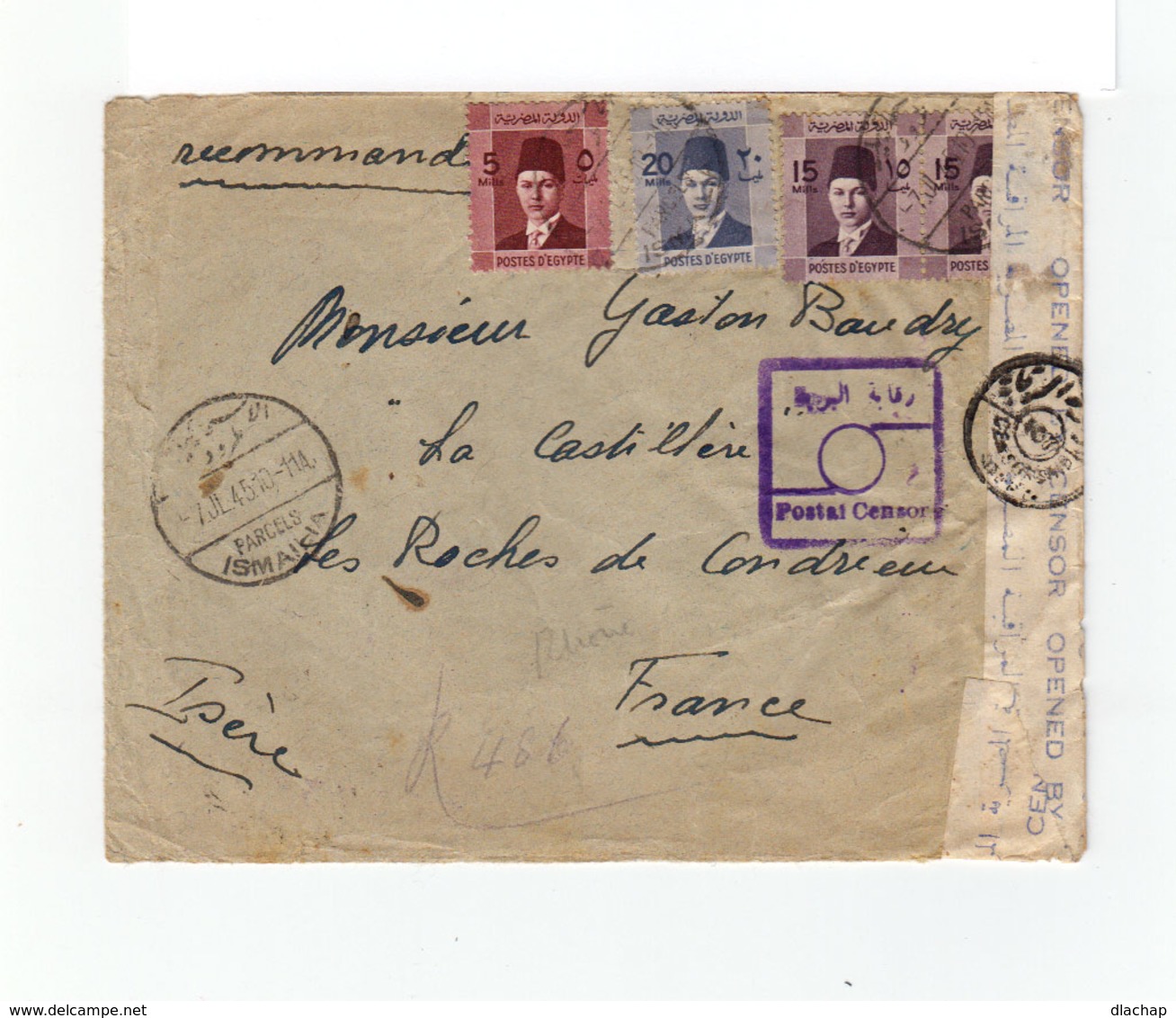 Sur Env. Pour La France Ouverte Censure 4 Timbres CAD Ismailia 1945. Cachet Postal Censor. Egyptian Censorship. (1062x) - Lettres & Documents