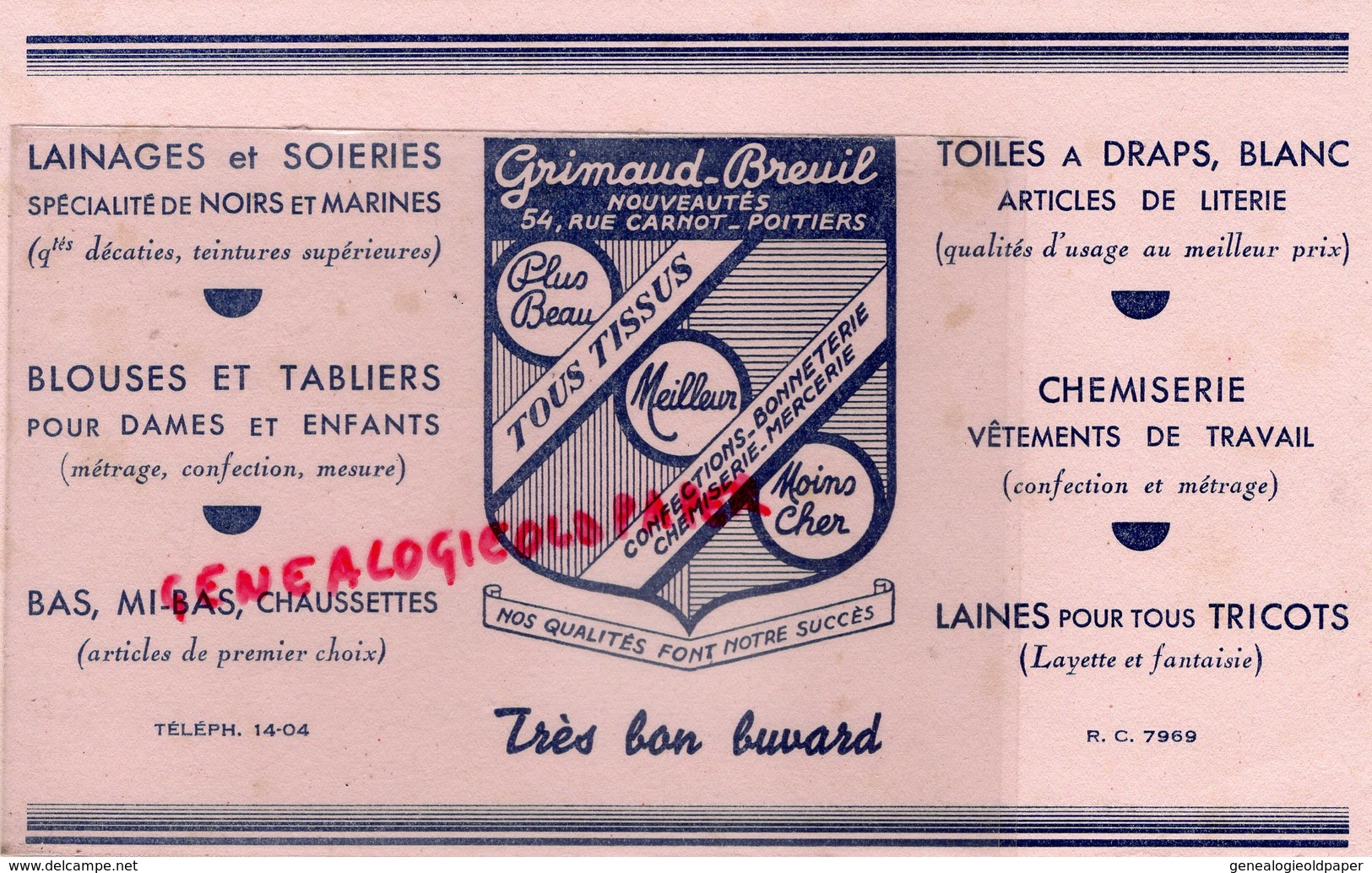 86- POITIERS- RARE BUVARD GRIMAUD BREUIL- LAINAGES SOIERIES-BAS CHAUSSETTES-CHEMISERIE-LAINES-54 RUE CARNOT - Textile & Vestimentaire