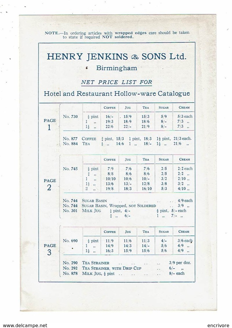 Catalogue HOLLOW-WARE Holloware Vaisselle Nickel Argent Restaurant JENKINS Birmingham 1927 Saglier Paris - Home Decoration