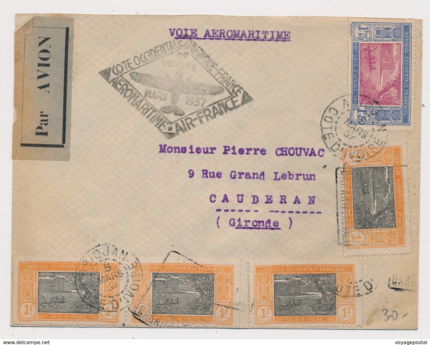 Lettre Par Avion Abidjan Cote D'ivoire Aeromaritime Air France - Storia Postale