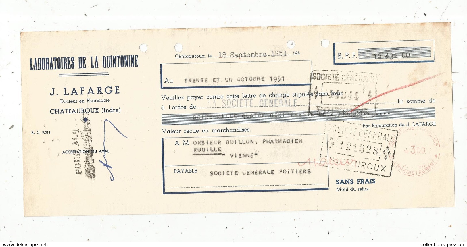 Lettre De Change, Laboratoires De La QUINTONINE , Lafarge ,Chateauroux , Indre ,enregistrement ,1951,  Frais Fr 1.55 E - Lettres De Change