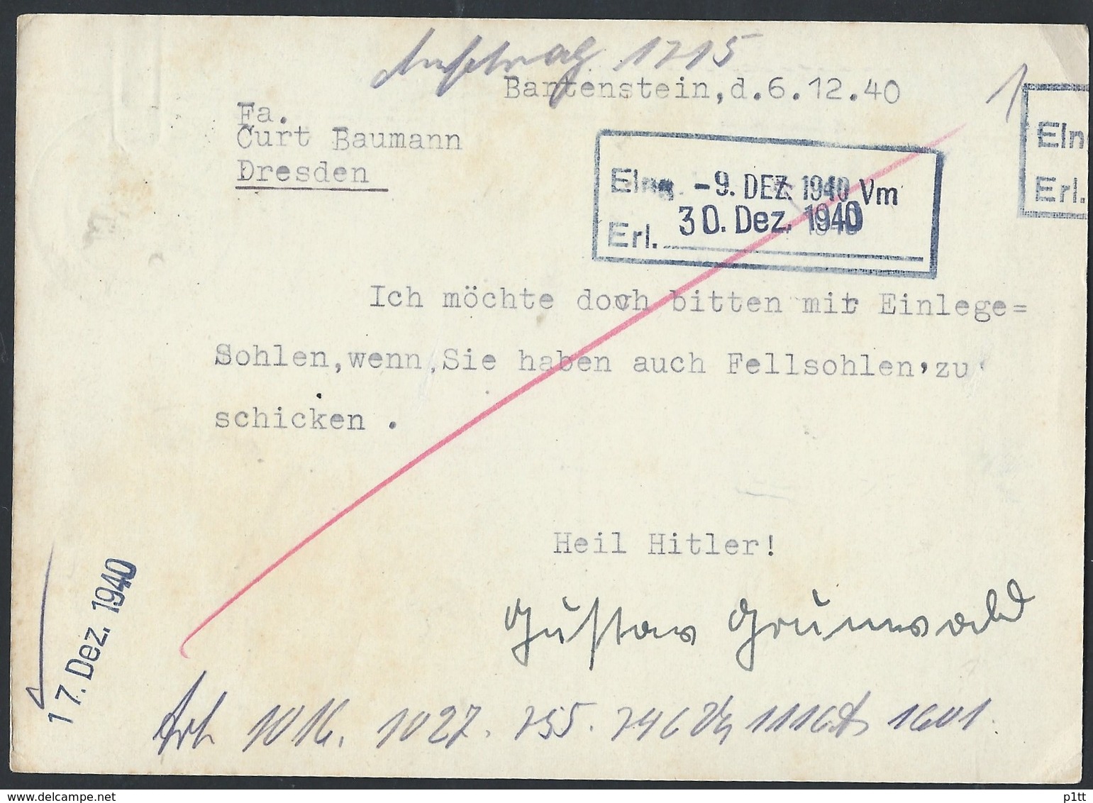 38de.Postcard. Mail 1940 Bartoszyce Bartenstein (Poland) Dresden. The Occupation Of Poland. - Covers & Documents