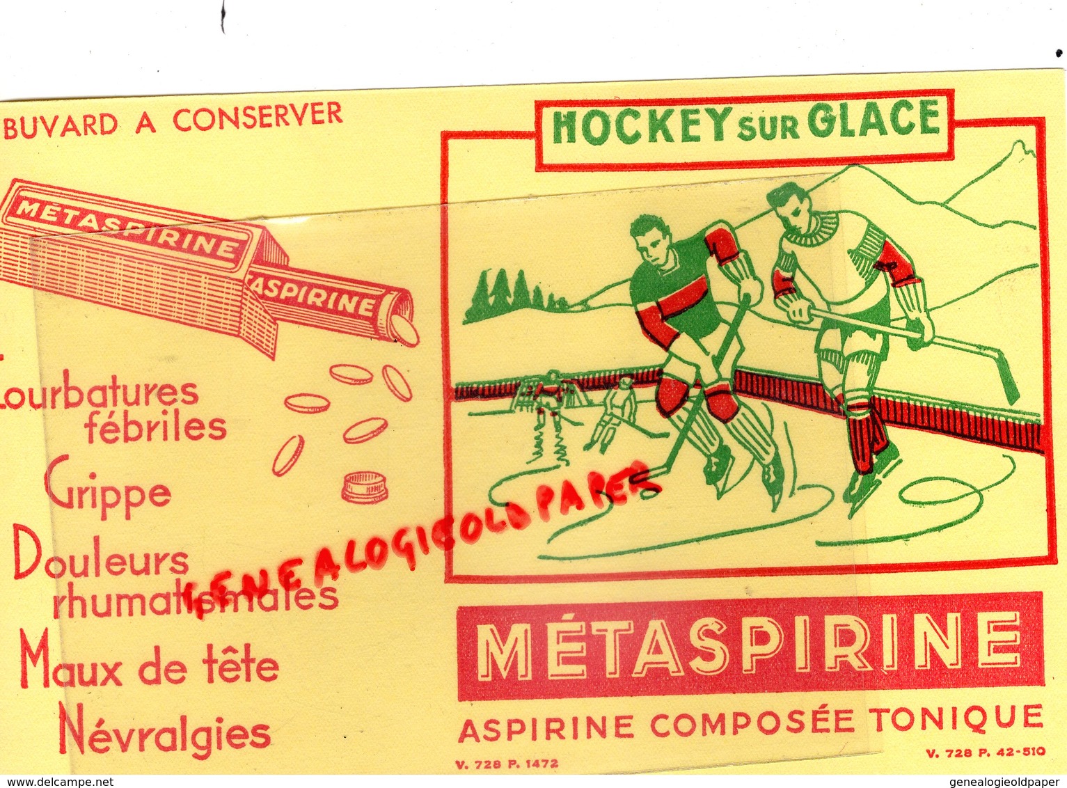 BUVARD METASPIRINE- ASPIRINE - RARE HOCKEY SUR GLACE- PHARMACIE MEDICAMENT - Droguerías