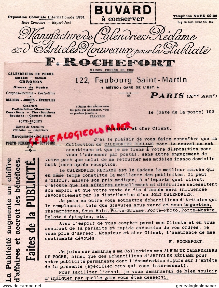 75- PARIS- PAPETERIE RARE BUVARD F. ROCHEFORT -122 FAUBOURG SAINT MARTIN-MANUFACTURE CALENDRIERS PUBLICITE - Stationeries (flat Articles)