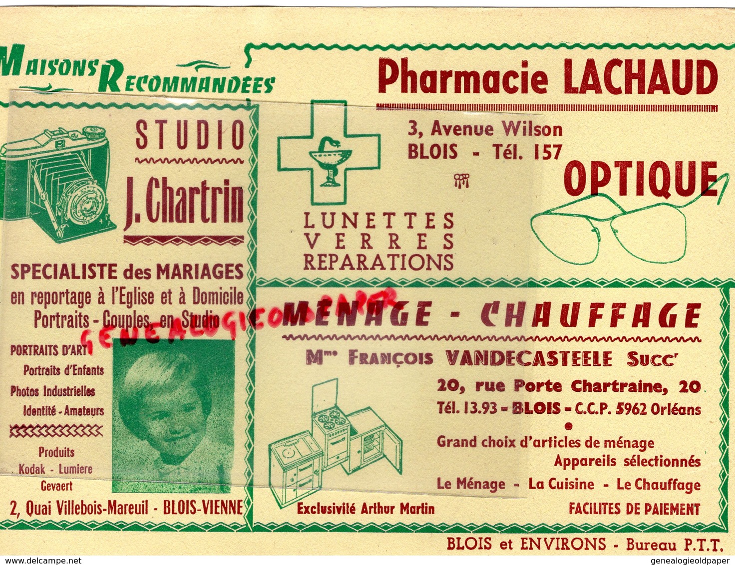 41- BLOIS-RARE GRAND BUVARD PHARMACIE LACHAUD-OPTIQUE-PHARMACIEN -STUDIO PHOTO J. CHARTRIN-FRANCOIS VANDECASTEELE - Produits Pharmaceutiques