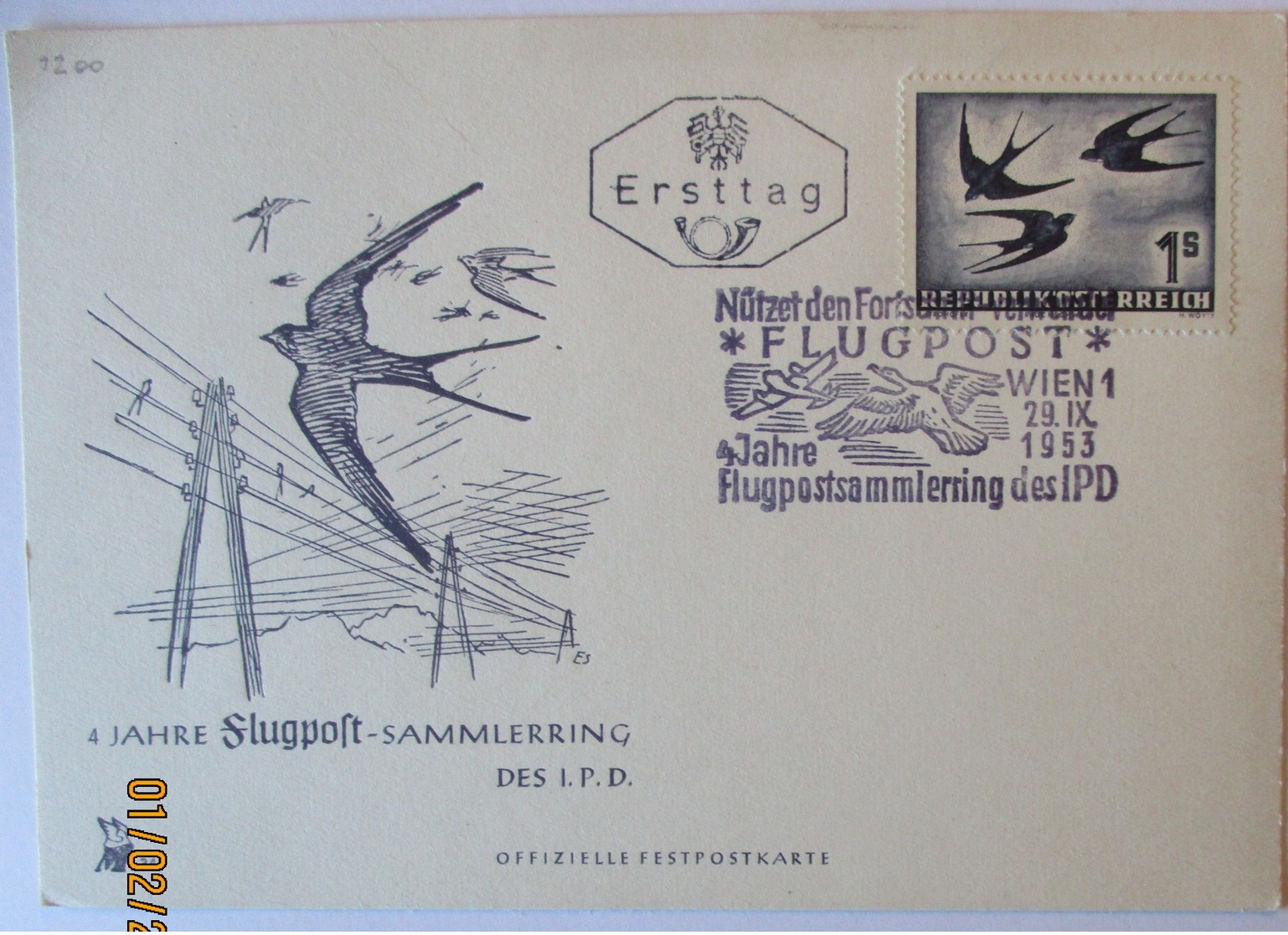 Österreich Michel Nr. 384 Schwalbe FDC Karte 1953 (46682) - Sonstige & Ohne Zuordnung