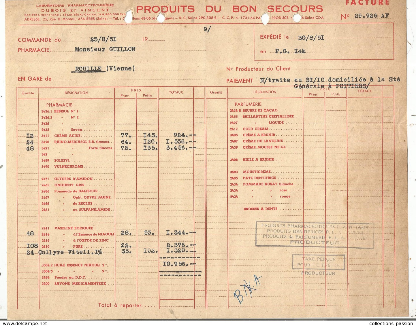 Facture, Laboratoire Pharmacotechnique Dubois Et Vincent,Asniéres,produits Du Bon Secours ,1951,  Frais Fr 1.55 E - 1950 - ...