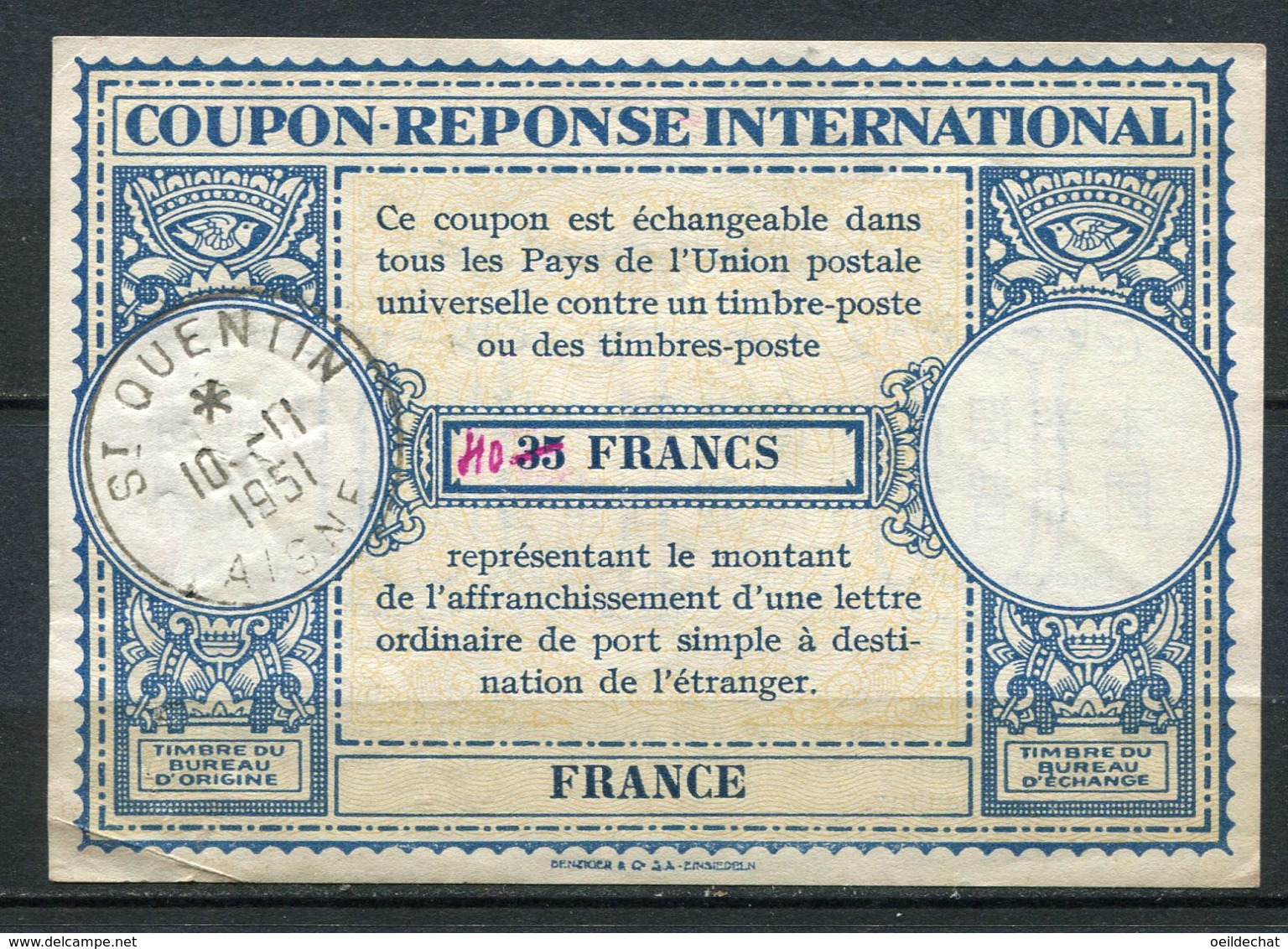 11078 FRANCE   Coupon-réponse International De 40Fr  Oblitéré à St Quentin Du 10.11.1951  TB - Autres & Non Classés