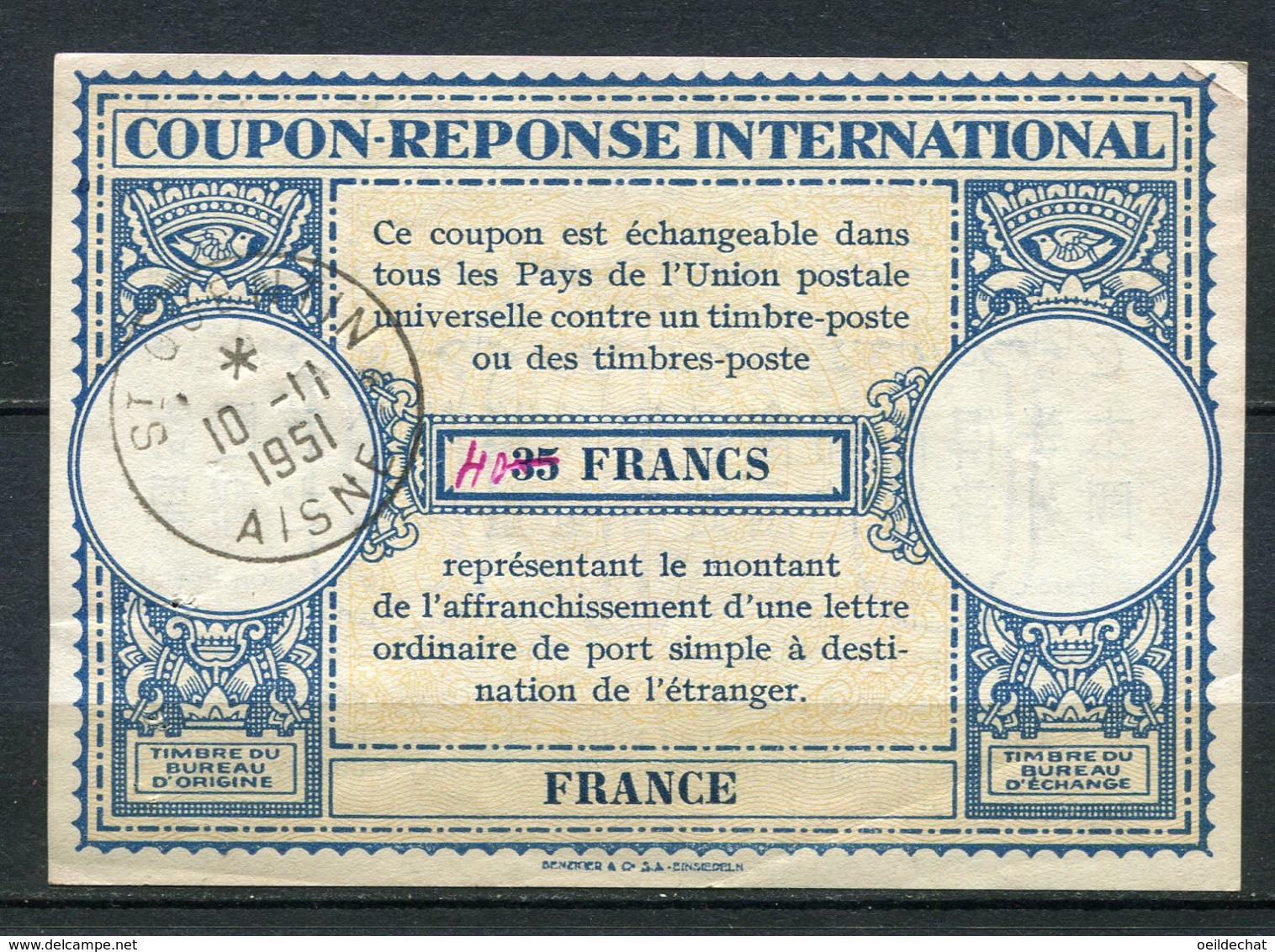 11079 FRANCE   Coupon-réponse International De 40Fr  Oblitéré à St Quentin Du 10.11.1951  TB - Autres & Non Classés