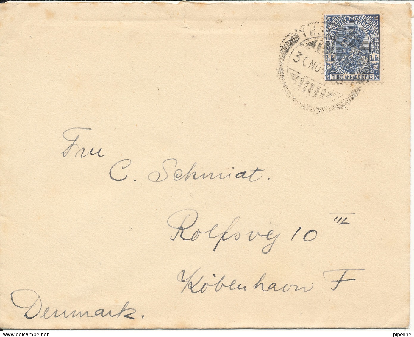 India Cover Sent To Denmark 30-11-1936 Single Franked - 1911-35 King George V