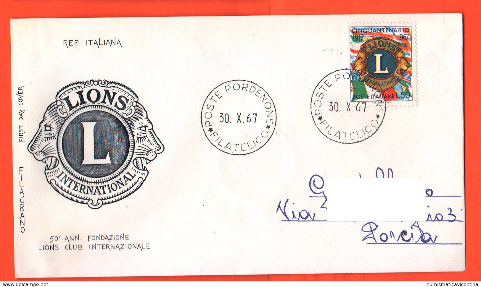 Repubblica Italiana 50° Lions International Pordenone Filatelico FDC Filagrano Color Grigio - FDC