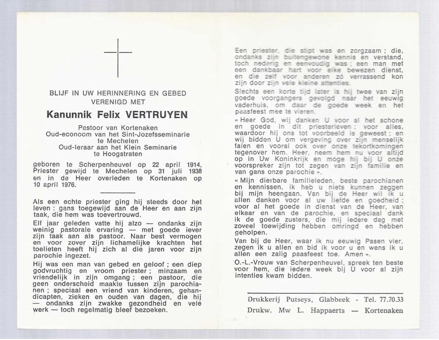 DOODSPRENTJE KANUNNIK VERTRUYEN PASTOOR KORTENAKEN MECHELEN HOOGSTRATEN ° SCHERPENHEUVEL 1914 + 1976 - Images Religieuses
