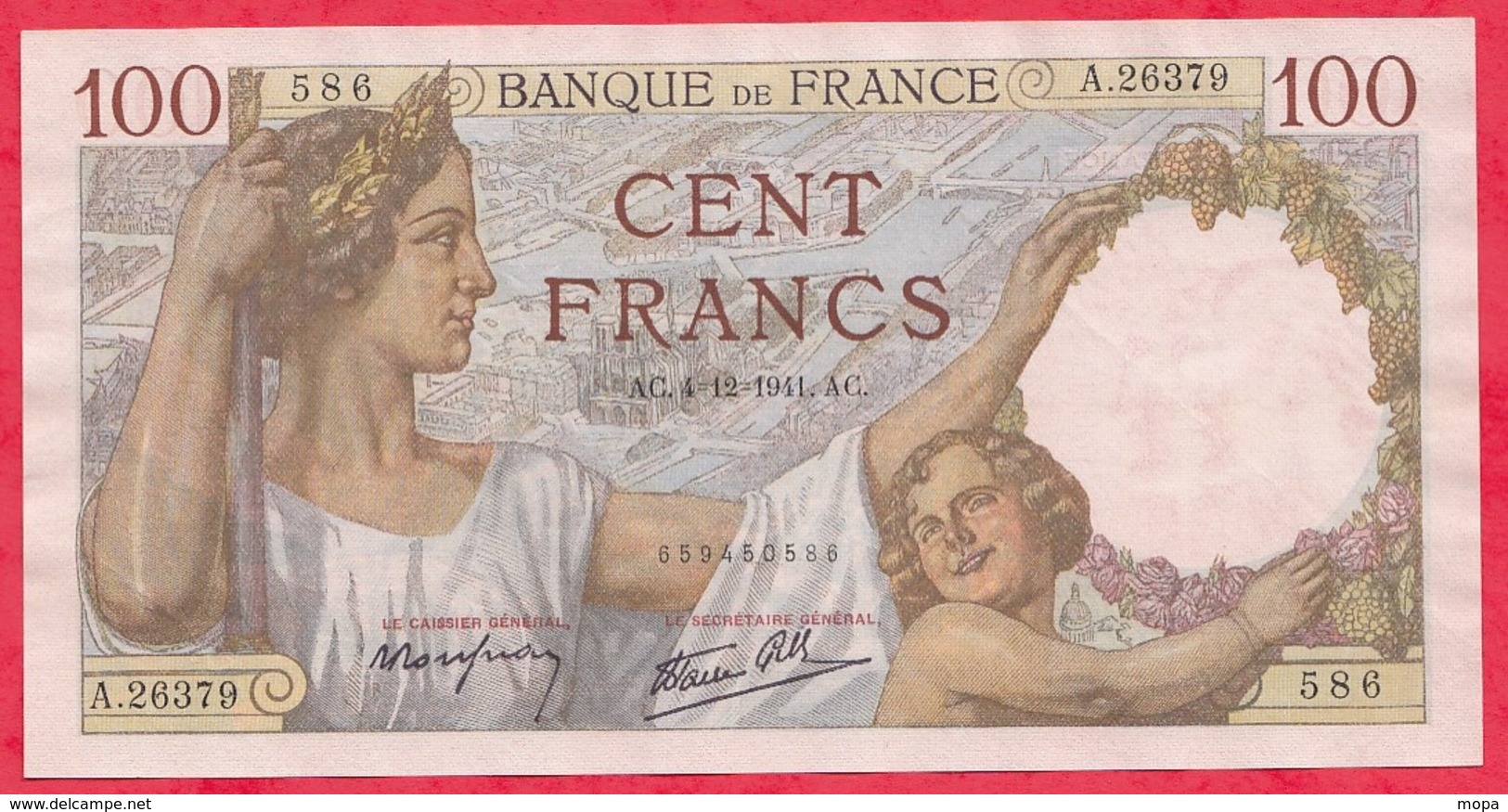 100 Francs "Sully" Du 04/12/1941.AC-----XF/SUP+--Série A.26379--AUCUN TROU D EPINGLE -TRES BEAU BILLET - 100 F 1939-1942 ''Sully''