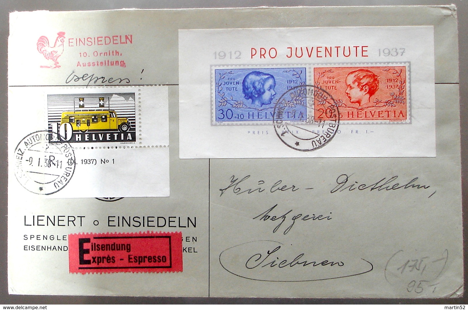 Schweiz Suisse Pro Juventute 1937: Zu 83I+84I Mi Block 3 Yv BF 3 EINSIEDELN 10.Ornith.Ausstellung 9.I.38 (Zu CHF 100.00) - Lettres & Documents