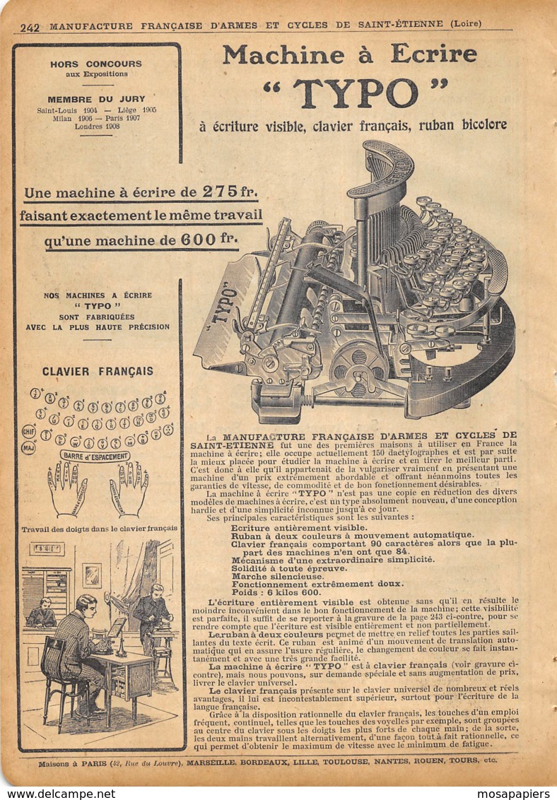 Manufacture D'Armes De St-Etienne (Loire) Début 1900 - Machine à Ecrire "TYPO" - Publicités