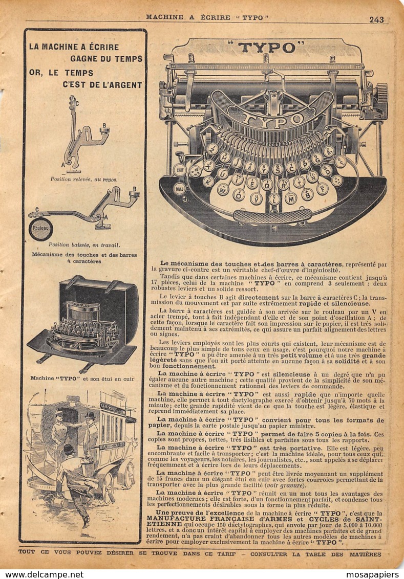Manufacture D'Armes De St-Etienne (Loire) Début 1900 - Machine à Ecrire "TYPO" - Publicités