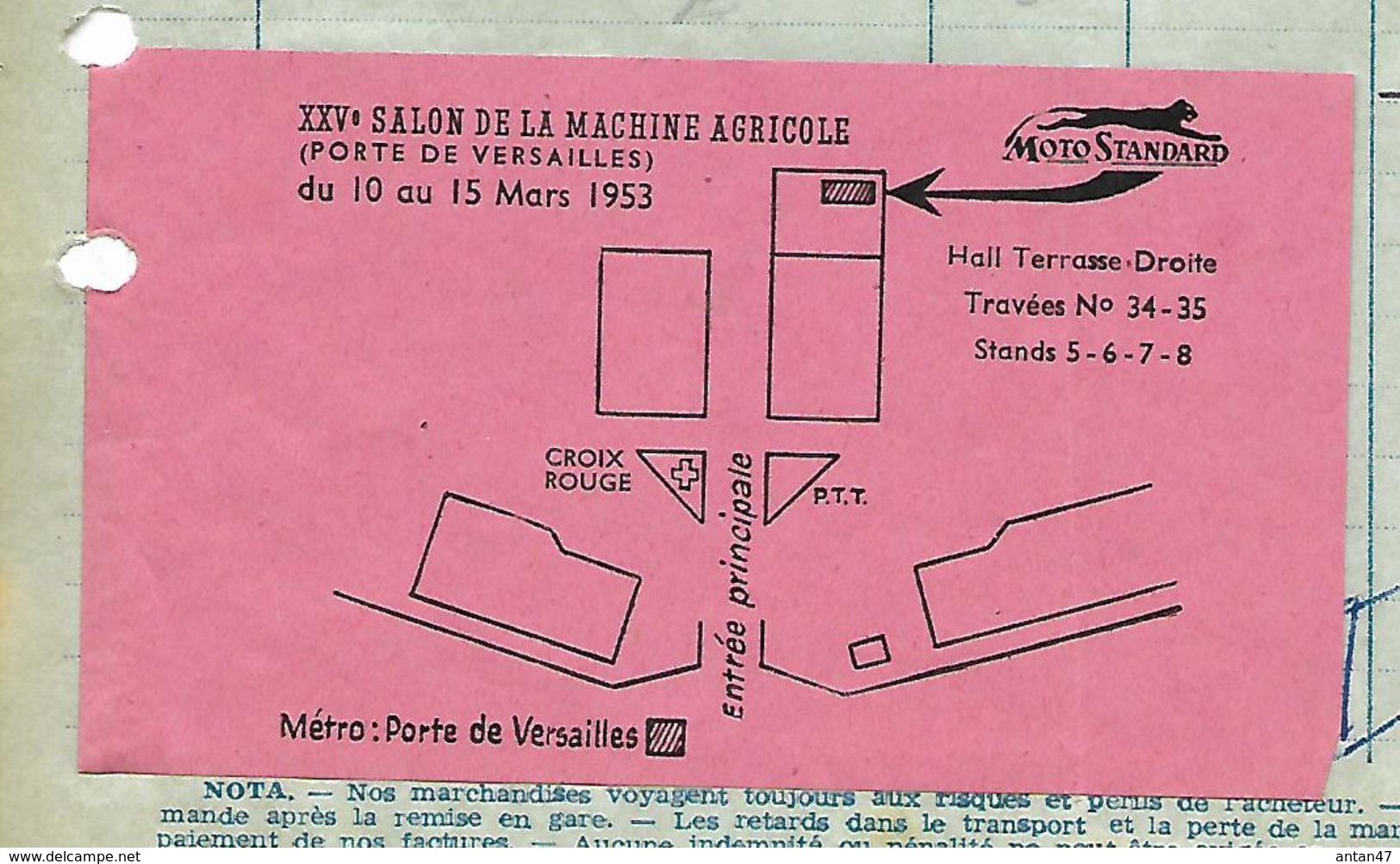 Facture Avec Vignette Salon Machine Agricole Versailles 1953 / MOTO STANDARD / Allemagne BUBIGEN - 1950 - ...