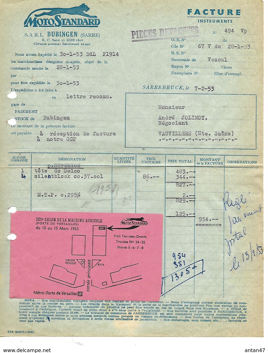 Facture Avec Vignette Salon Machine Agricole Versailles 1953 / MOTO STANDARD / Allemagne BUBIGEN - 1950 - ...