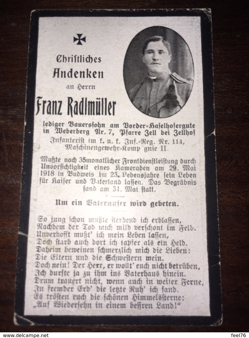 Sterbebild Wk1 Ww1 Bidprentje Avis Décès Deathcard KUK IR114 BUDWEIS Unfall Durch Unordentlichkeits Eines Kameraden Zell - 1914-18