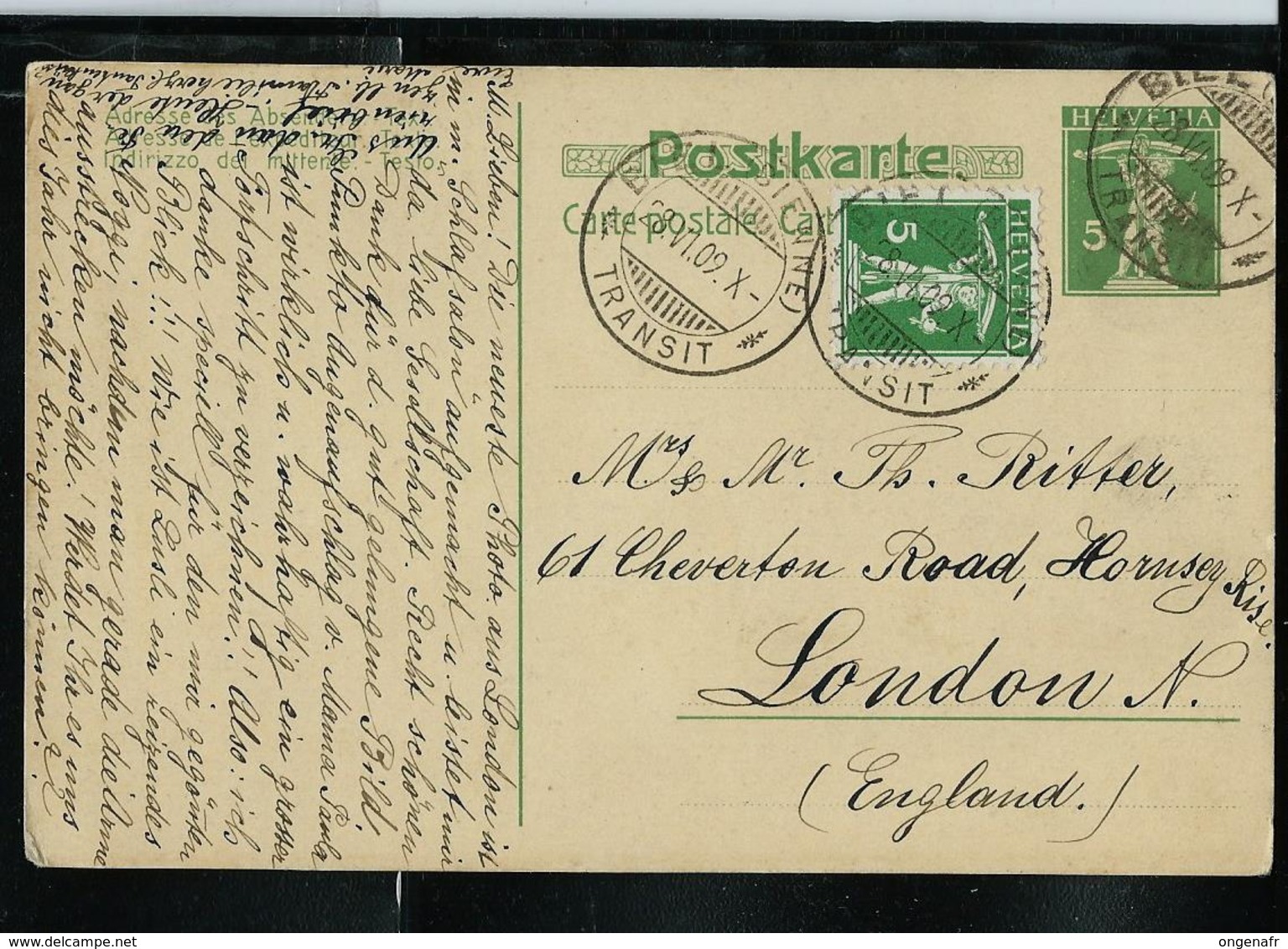 CP - Michel / P 38  Obl. Biel (Bienne) Du 28/06/1909 Pour London (GB) - Entiers Postaux