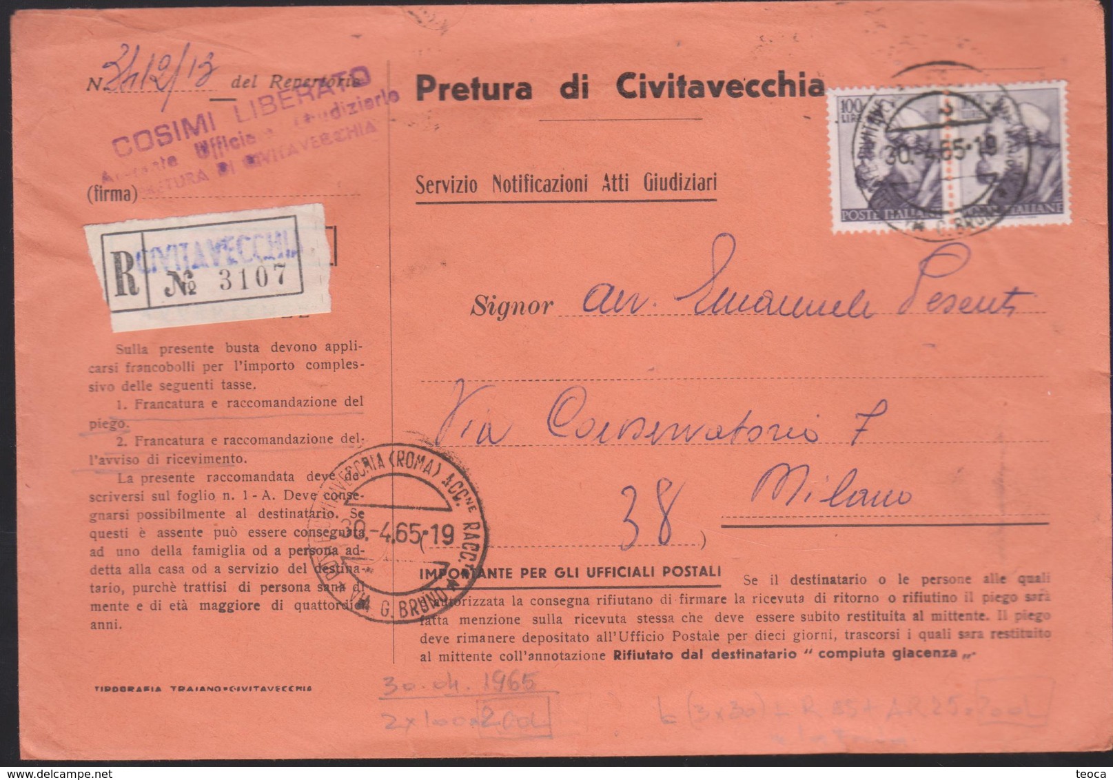 COVER REGISTERED  ITALIA 1965, PRETURA DI CIVITAVECCHIA, CANCEL CIVITAVECCHIA ROMA, - 1961-70: Marcophilie