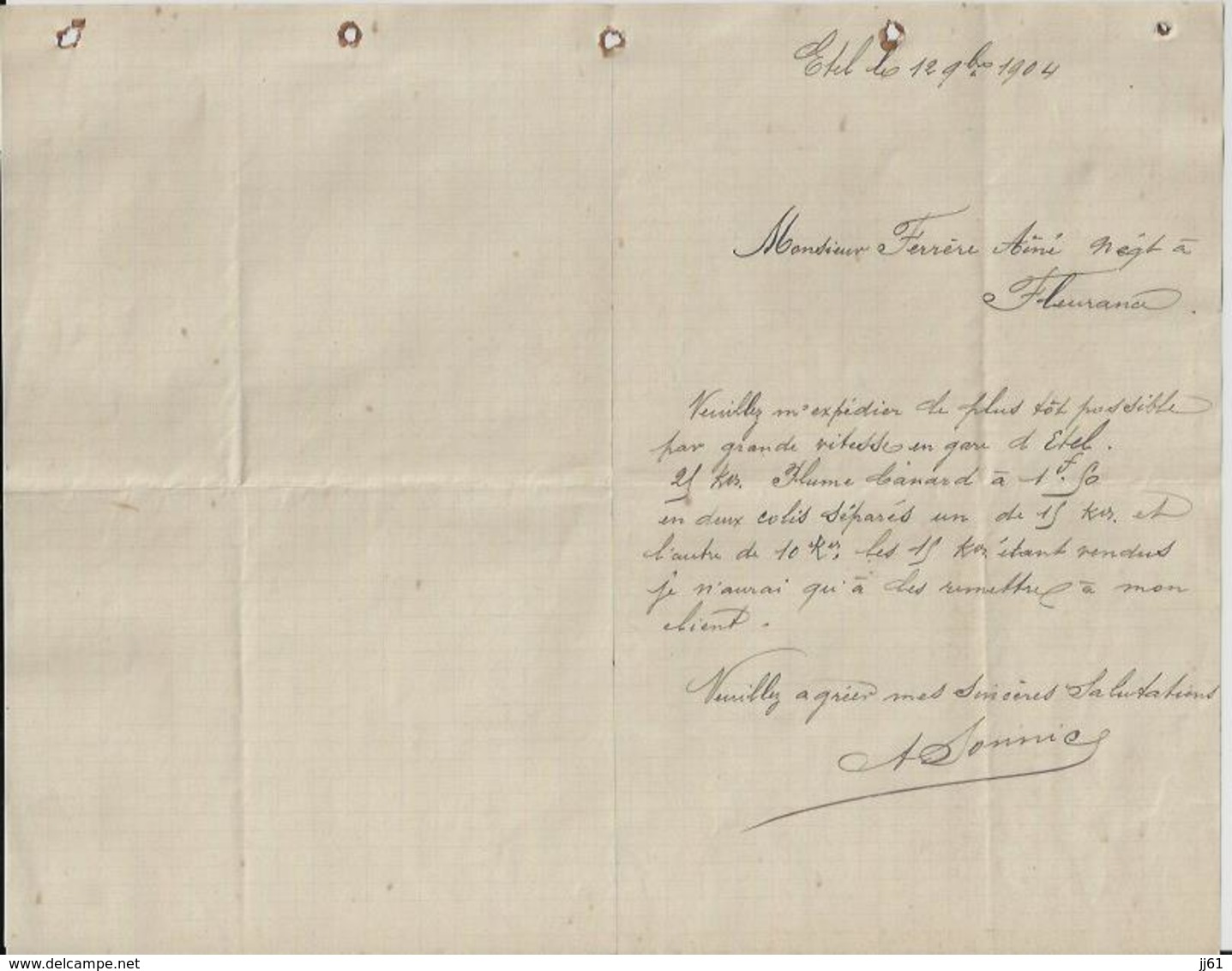 ETEL MR SOMMIER COMMANDE POUR UN SAC DE 21 KGS DE PLUMES DE CANARD ET DUVET PARGRANDE VITESSE EN GARE D ETEL  ANNEE 1904 - Autres & Non Classés