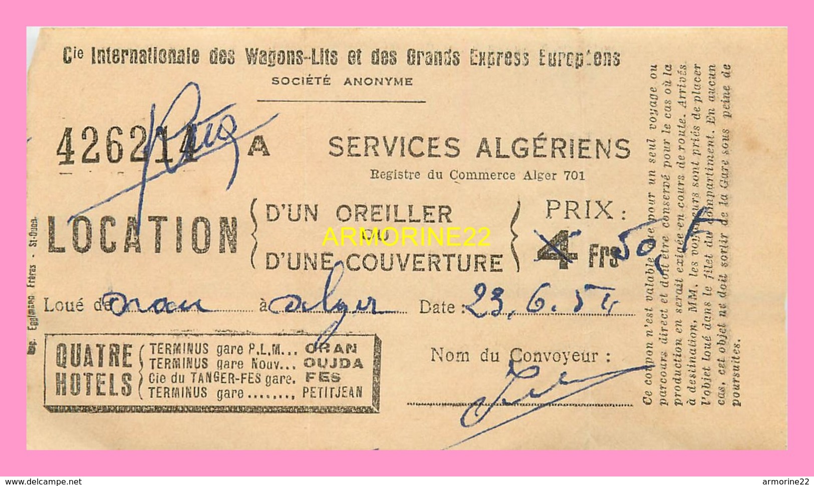 TICKET DE LOCATION  D UNE COUVERTURE  Dans La Cie Internationale De Wagons Lits Et Des Grands Express Européens Algerien - World