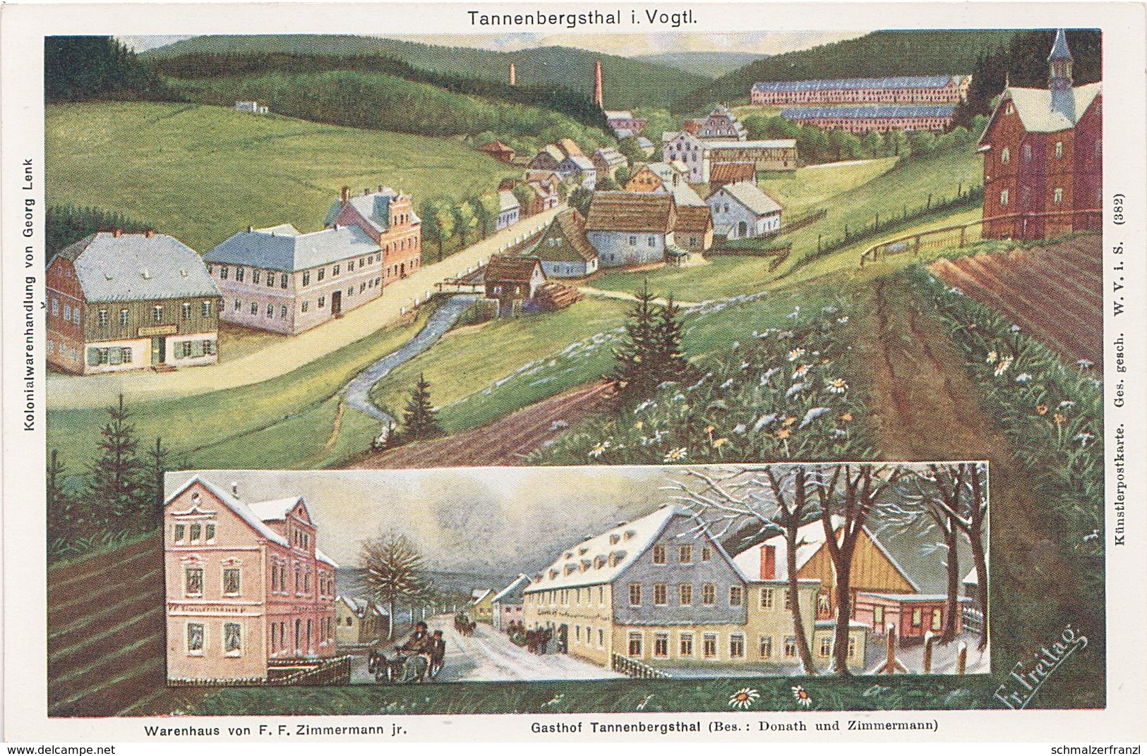 Litho AK Tannenbergsthal Vogtland Gasthof Warenhaus Zimmermann Muldenhammer Grünbach Gottesberg Rautenkranz Klingenthal - Schoenheide