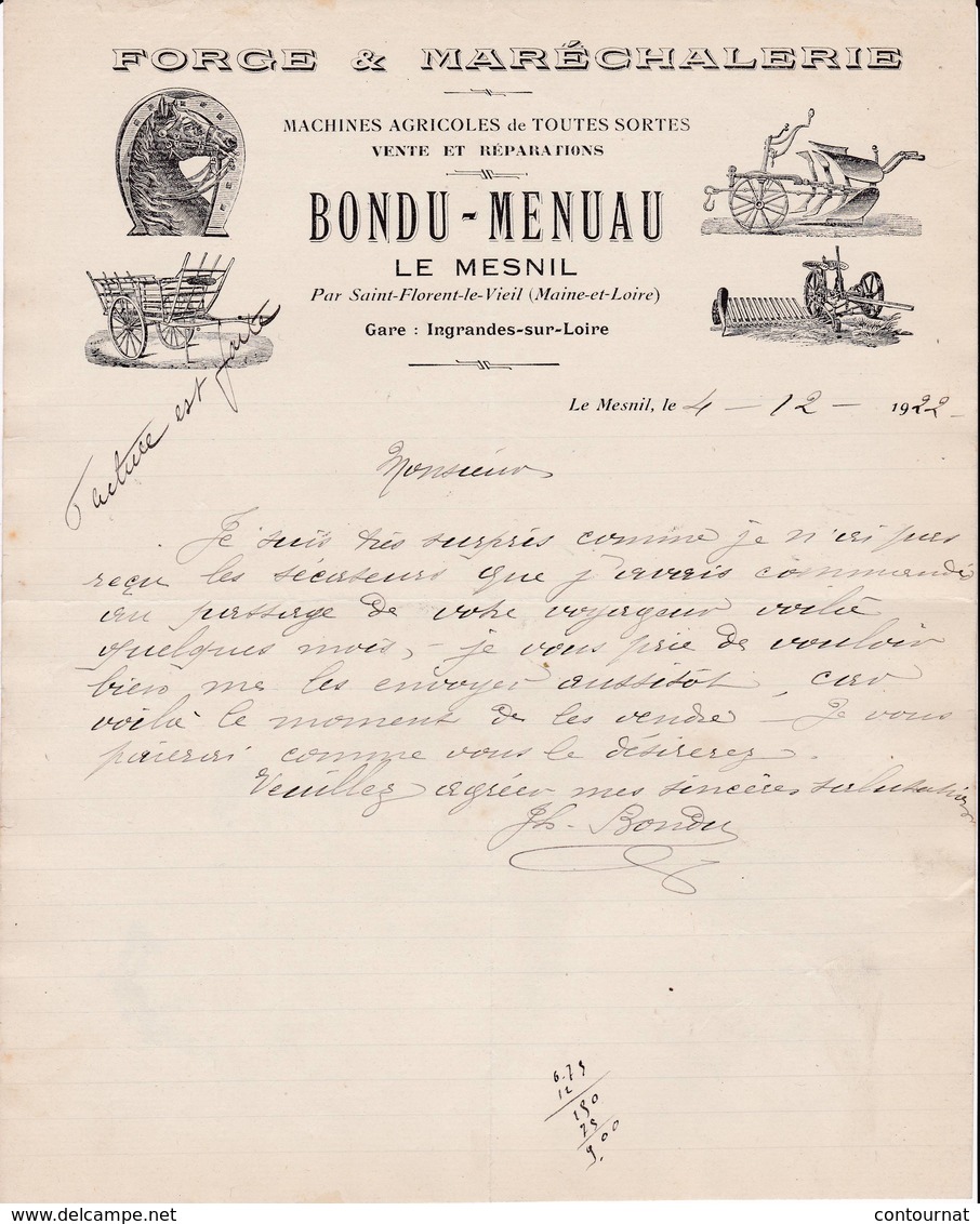 49 LE MESNIL En Vallée Par St FLORENT LE VIEIL COURRIER 1922  Forge Machines Agricoles BONDU MENUAU  X15 Maine Et Loire - 1900 – 1949