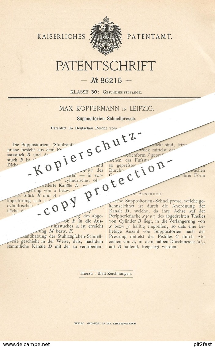 Original Patent - Max Kopfermann , Leipzig , 1895 , Suppositorien - Schnellpresse | Presse , Gesundheit , Medizin , Arzt - Documentos Históricos