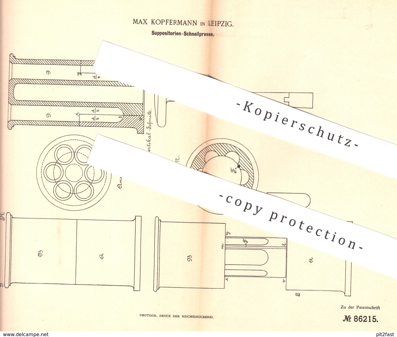 Original Patent - Max Kopfermann , Leipzig , 1895 , Suppositorien - Schnellpresse | Presse , Gesundheit , Medizin , Arzt - Historische Dokumente