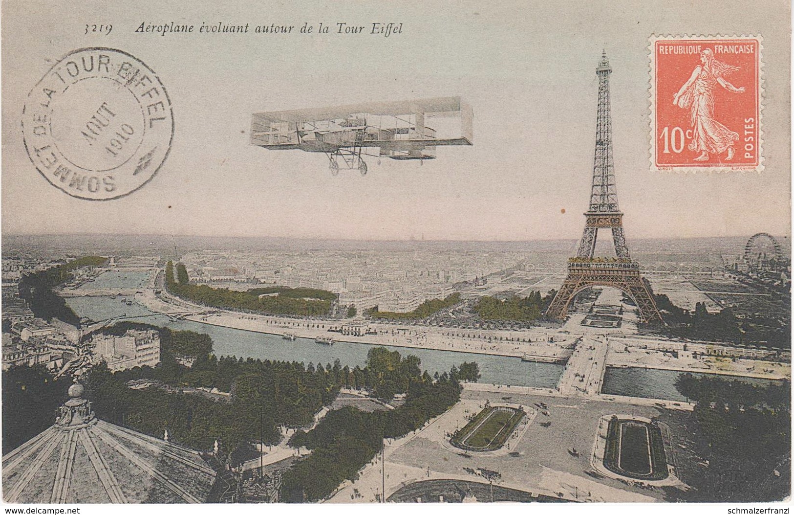 CPA AK Paris Aeroplane Evoluant Autour Tour Eiffel Champ De Mars Trocadero Biplan Vue Aérienne Cachet Timbre Sommet 1910 - Luchthaven