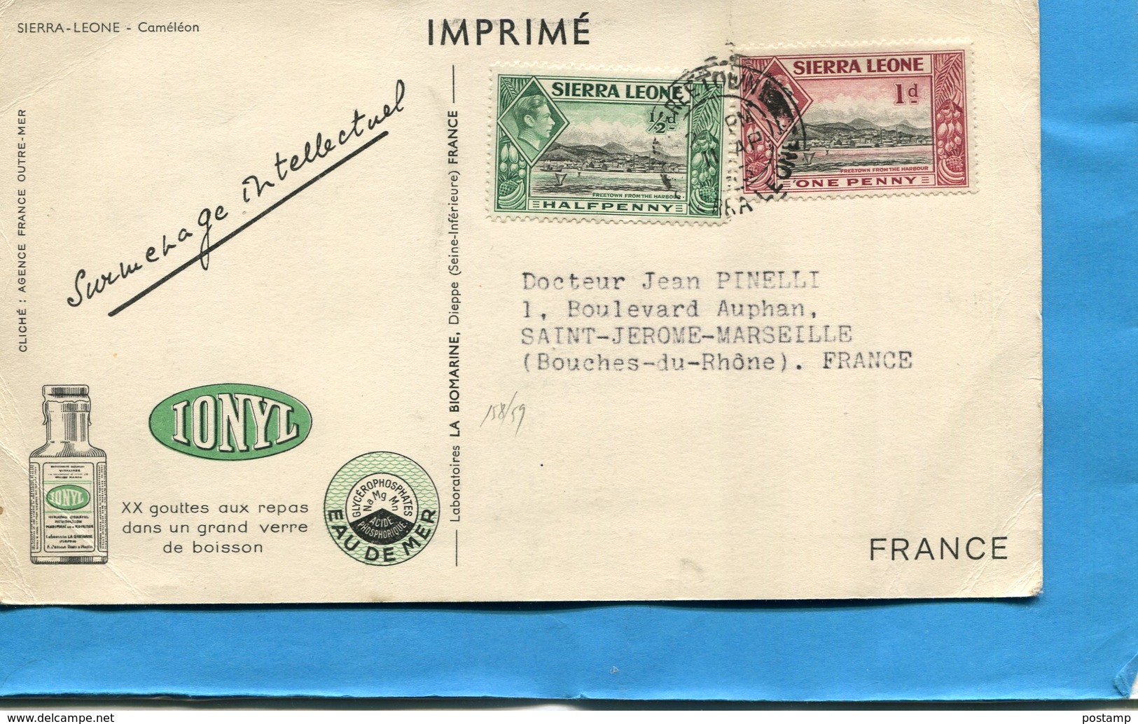 MARCOPHILIE -sierra Leone- -carte-CAMELEON-publicitaireI-ONYL-Cad 1953-Freetown-2 Stamps N° 158-9 - Sierra Leone (...-1960)