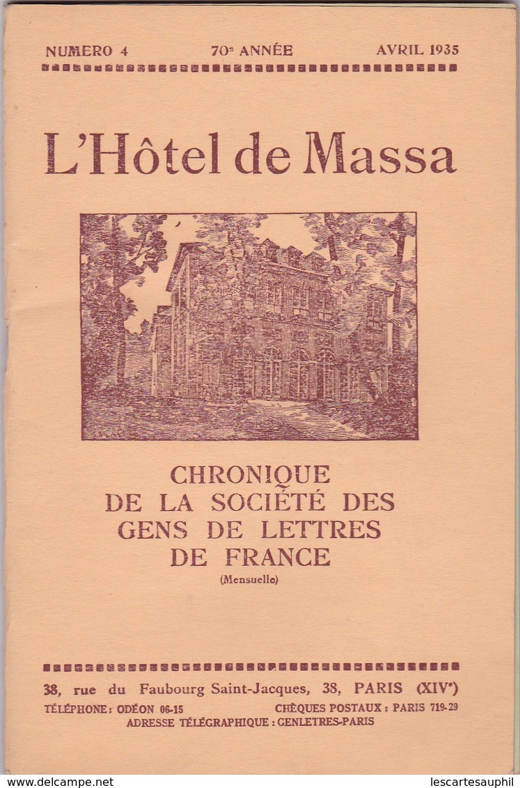 Ancien Journal L Hotel De Massa Avril 1935 Chronique De La Société Des Gens De Lettres De France - Historische Documenten