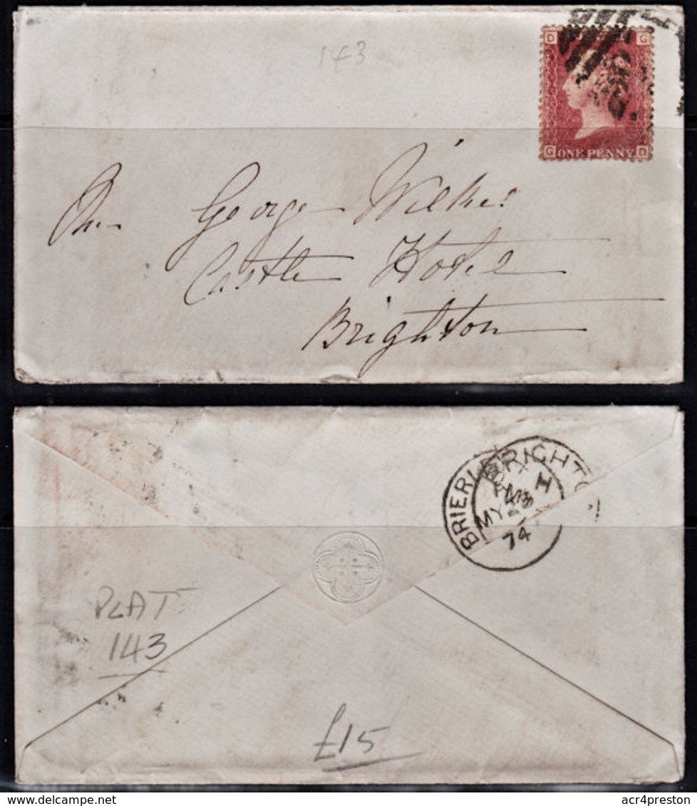 C0128 GREAT BRITAIN (GB), 1874, QV 1d Plate 143 On Cover To Brighton - Covers & Documents